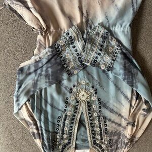 Hale Bob 💯 Silk Embellished and Embroidered Women's Top in Blue and Beige